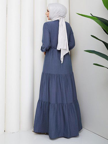 Önden Düğmeli Tesettür Elbise-5140 İndigo - Thumbnail