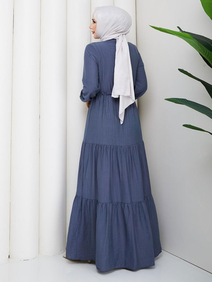 Önden Düğmeli Tesettür Elbise-5140 İndigo