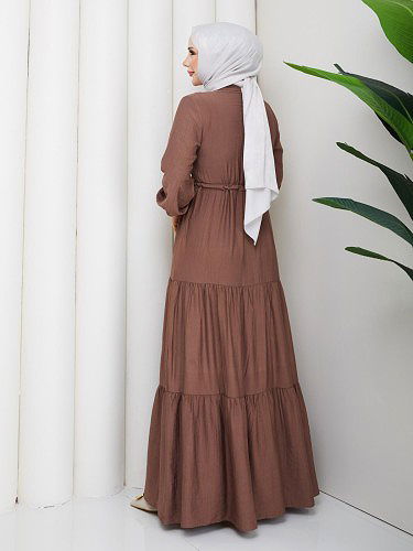 Önden Düğmeli Tesettür Elbise-5140 Kahve - Thumbnail