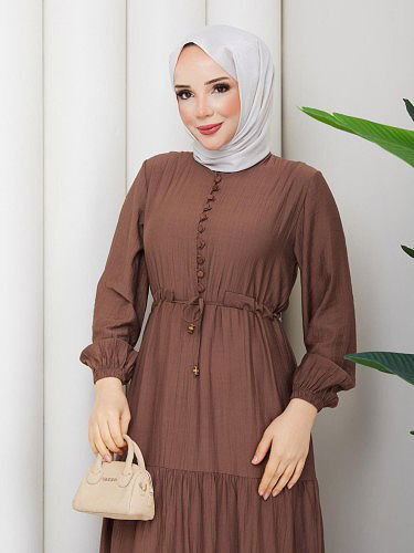 Önden Düğmeli Tesettür Elbise-5140 Kahve - Thumbnail