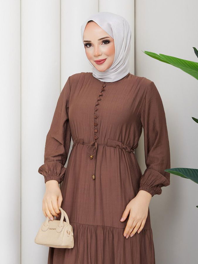 Önden Düğmeli Tesettür Elbise-5140 Kahve