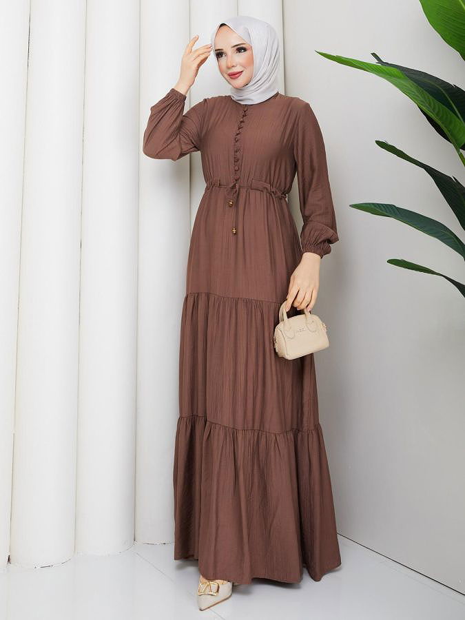 Önden Düğmeli Tesettür Elbise-5140 Kahve