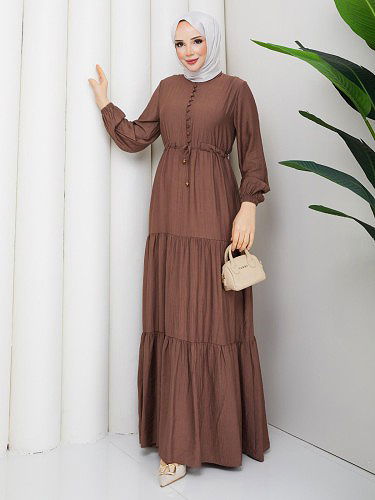 Modaebva - Önden Düğmeli Tesettür Elbise-5140 Kahve