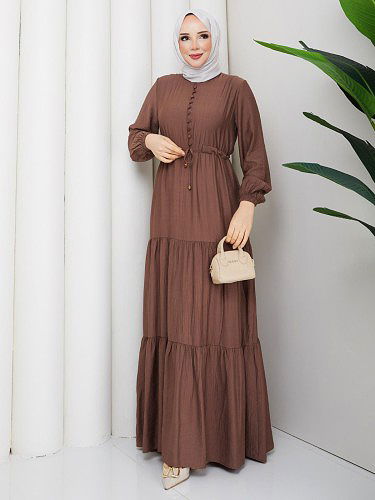 Önden Düğmeli Tesettür Elbise-5140 Kahve - Thumbnail
