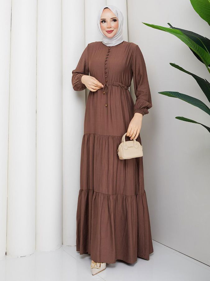 Önden Düğmeli Tesettür Elbise-5140 Kahve