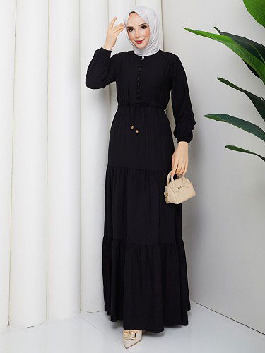 Modaebva - Önden Düğmeli Tesettür Elbise-5140 Siyah