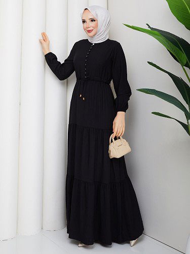 Önden Düğmeli Tesettür Elbise-5140 Siyah - Thumbnail