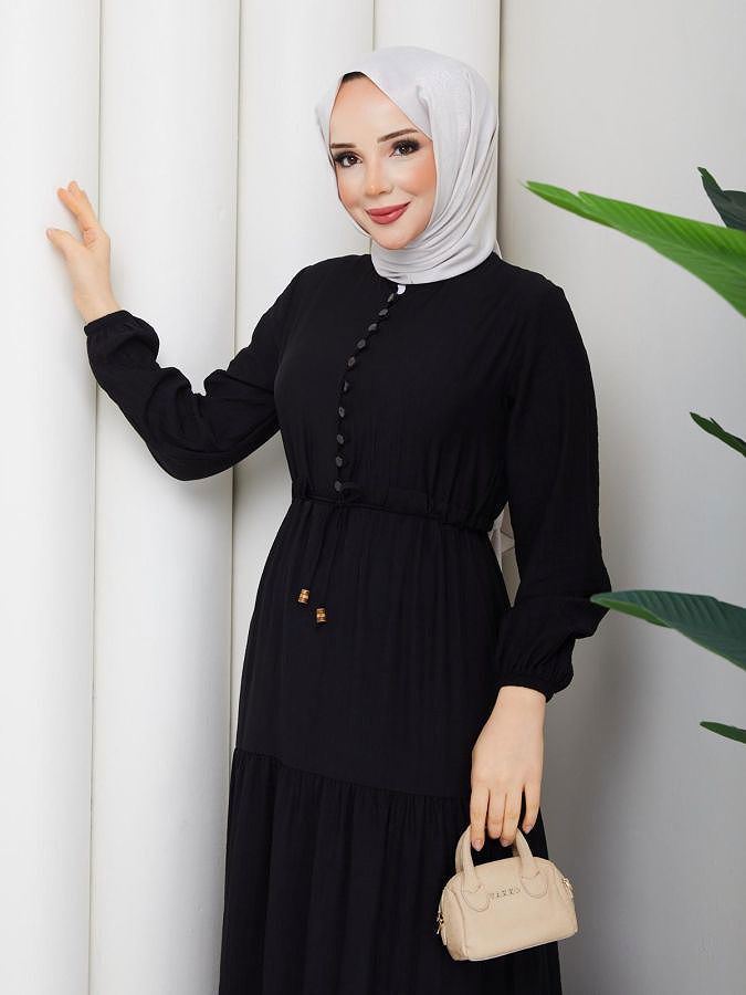 Önden Düğmeli Tesettür Elbise-5140 Siyah