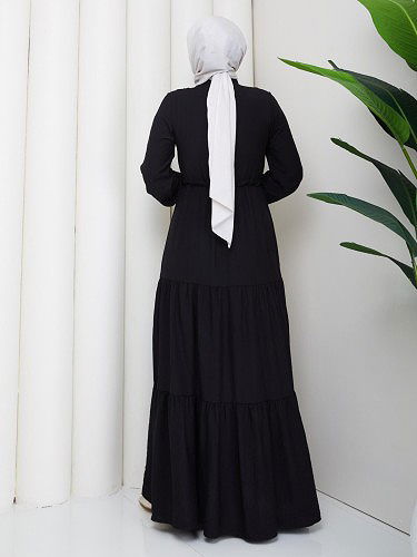 Önden Düğmeli Tesettür Elbise-5140 Siyah - Thumbnail