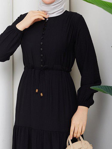 Önden Düğmeli Tesettür Elbise-5140 Siyah - Thumbnail