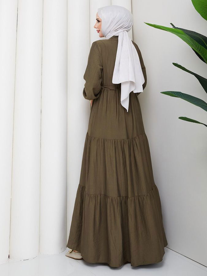 Önden Düğmeli Tesettür Elbise-5140 Yağ Yeşili