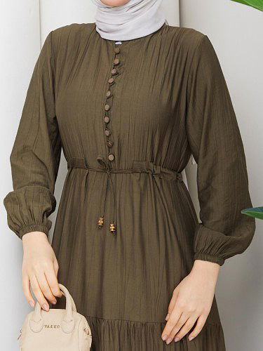 Modaebva - Önden Düğmeli Tesettür Elbise-5140 Yağ Yeşili (1)