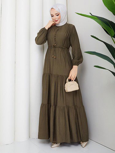 Modaebva - Önden Düğmeli Tesettür Elbise-5140 Yağ Yeşili