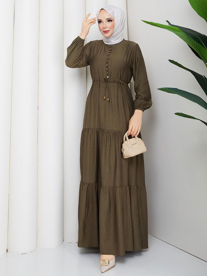 Önden Düğmeli Tesettür Elbise-5140 Yağ Yeşili