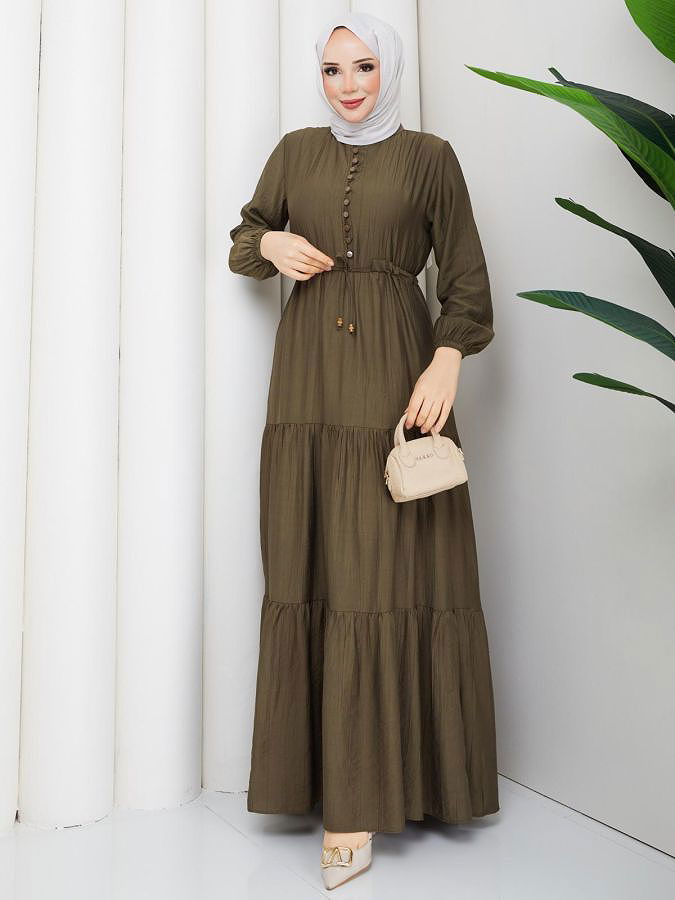 Önden Düğmeli Tesettür Elbise-5140 Yağ Yeşili