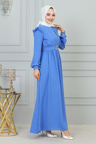 Önden Fermuarlı Kemerli Tesettür Elbise-3184 Bebemavisi - Thumbnail