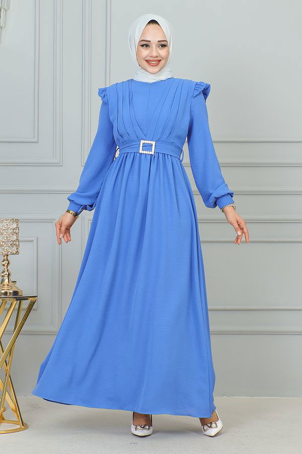 Önden Fermuarlı Kemerli Tesettür Elbise-3184 Bebemavisi