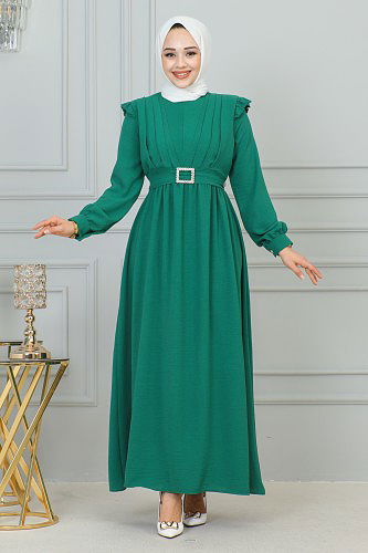Önden Fermuarlı Kemerli Tesettür Elbise-3184 Yeşil - Thumbnail