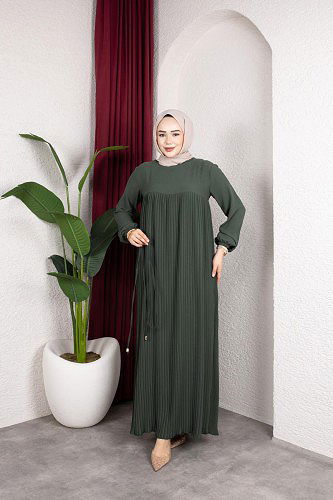 Pileli Tesettür Elbise-5120 Haki yeşili - Thumbnail