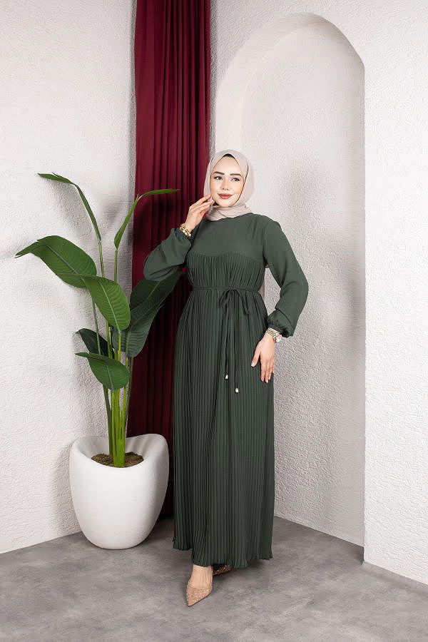 Pileli Tesettür Elbise-5120 Haki yeşili