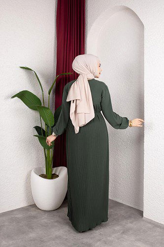 Pileli Tesettür Elbise-5120 Haki yeşili - Thumbnail