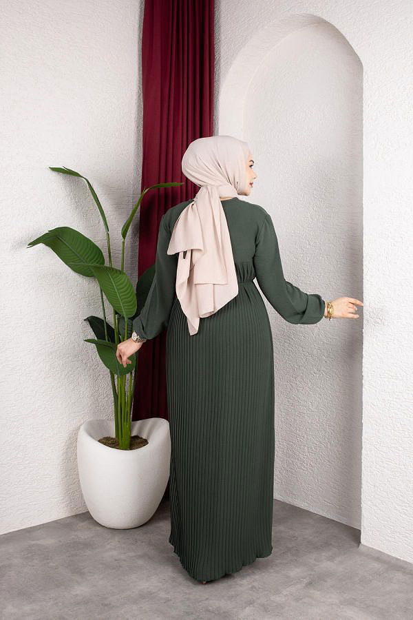 Pileli Tesettür Elbise-5120 Haki yeşili