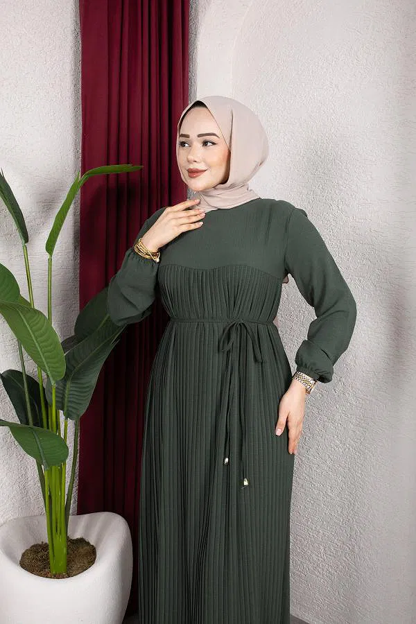 Pileli Tesettür Elbise-5120 Haki yeşili