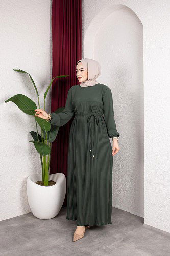 Pileli Tesettür Elbise-5120 Haki yeşili - Thumbnail