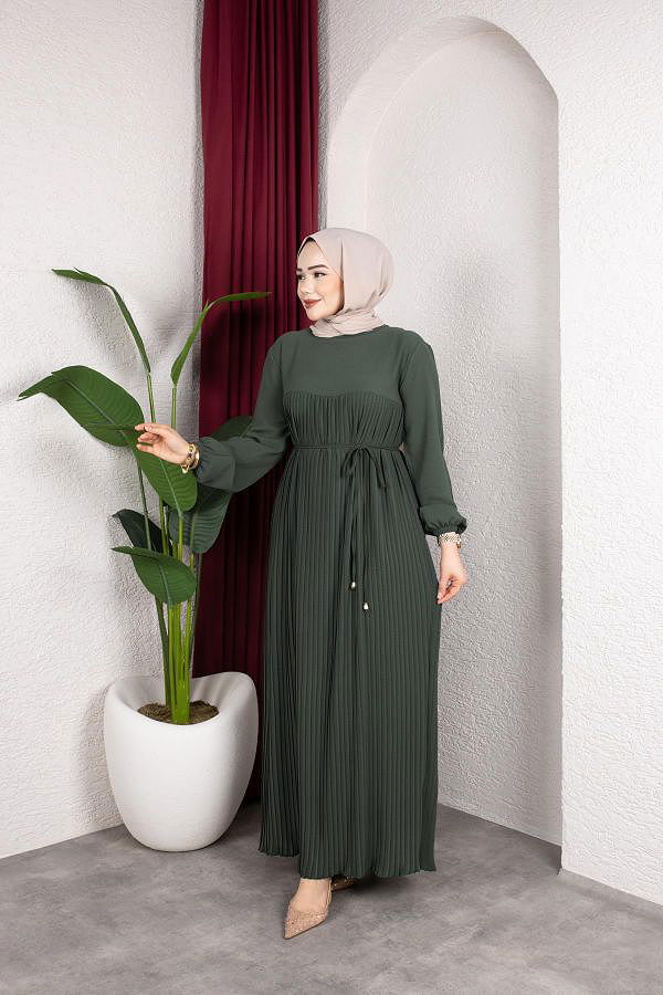 Pileli Tesettür Elbise-5120 Haki yeşili