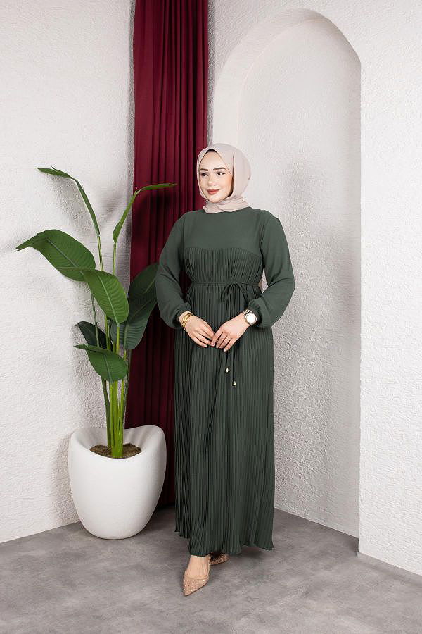 Pileli Tesettür Elbise-5120 Haki yeşili