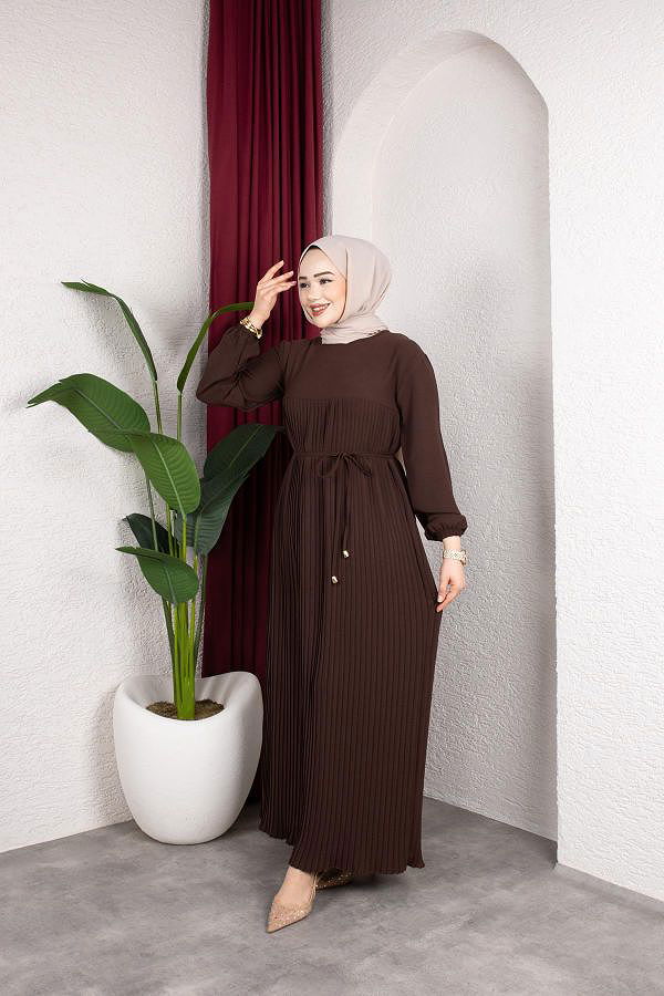 Pileli Tesettür Elbise-5120 Kahve rengi