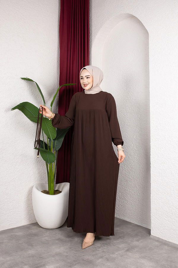 Pileli Tesettür Elbise-5120 Kahve rengi