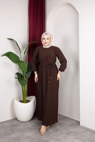 Pileli Tesettür Elbise-5120 Kahve rengi - Thumbnail