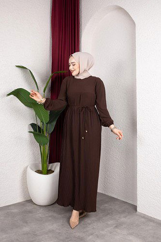 Pileli Tesettür Elbise-5120 Kahve rengi - Thumbnail