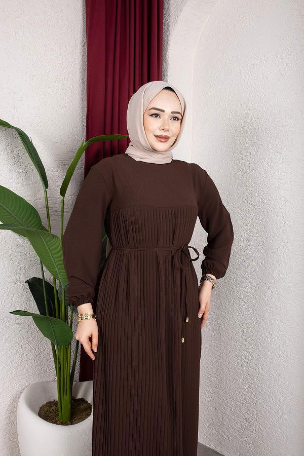 Pileli Tesettür Elbise-5120 Kahve rengi