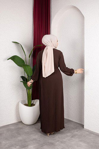 Pileli Tesettür Elbise-5120 Kahve rengi - Thumbnail