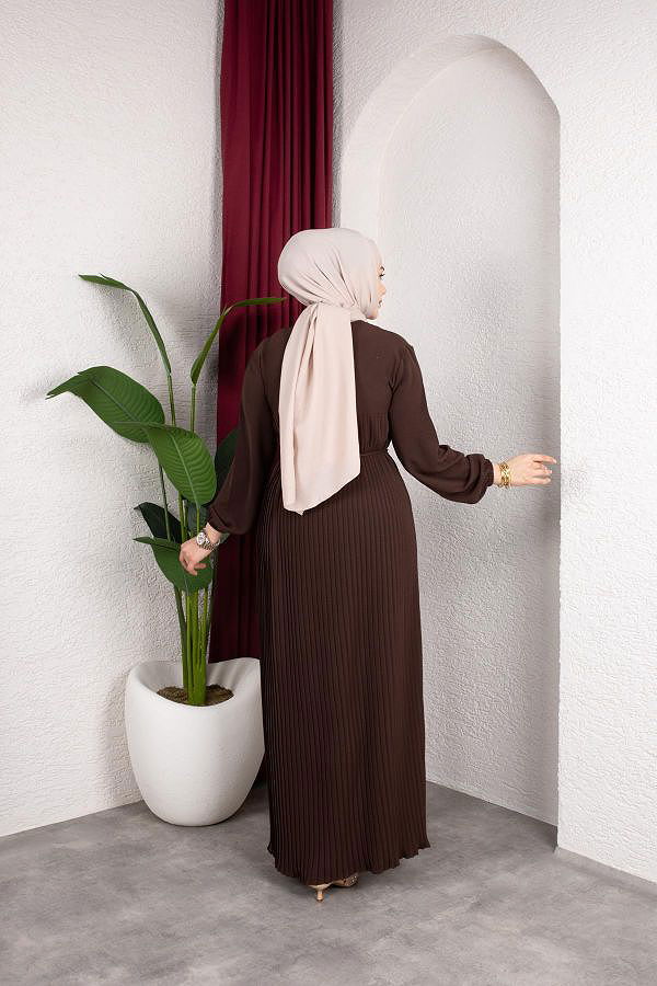 Pileli Tesettür Elbise-5120 Kahve rengi