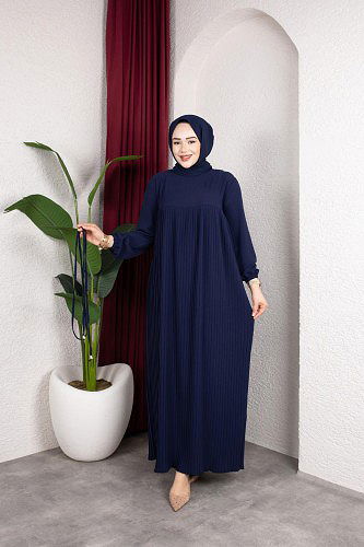 Pileli Tesettür Elbise-5120 Lacivert - Thumbnail
