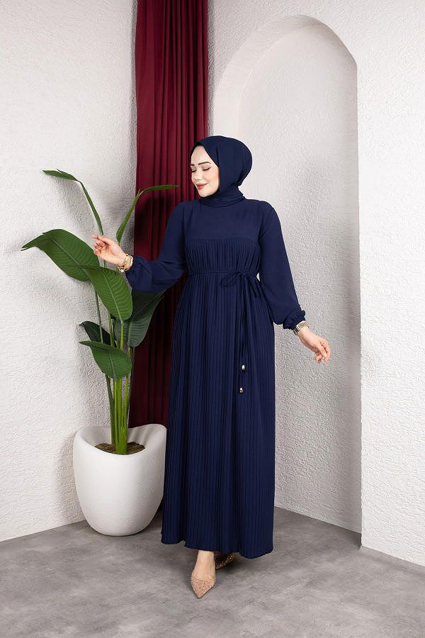 Pileli Tesettür Elbise-5120 Lacivert