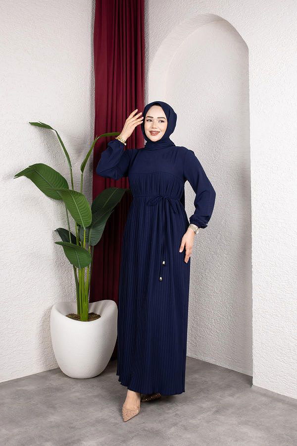 Pileli Tesettür Elbise-5120 Lacivert