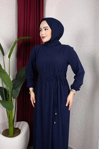 Pileli Tesettür Elbise-5120 Lacivert - Thumbnail