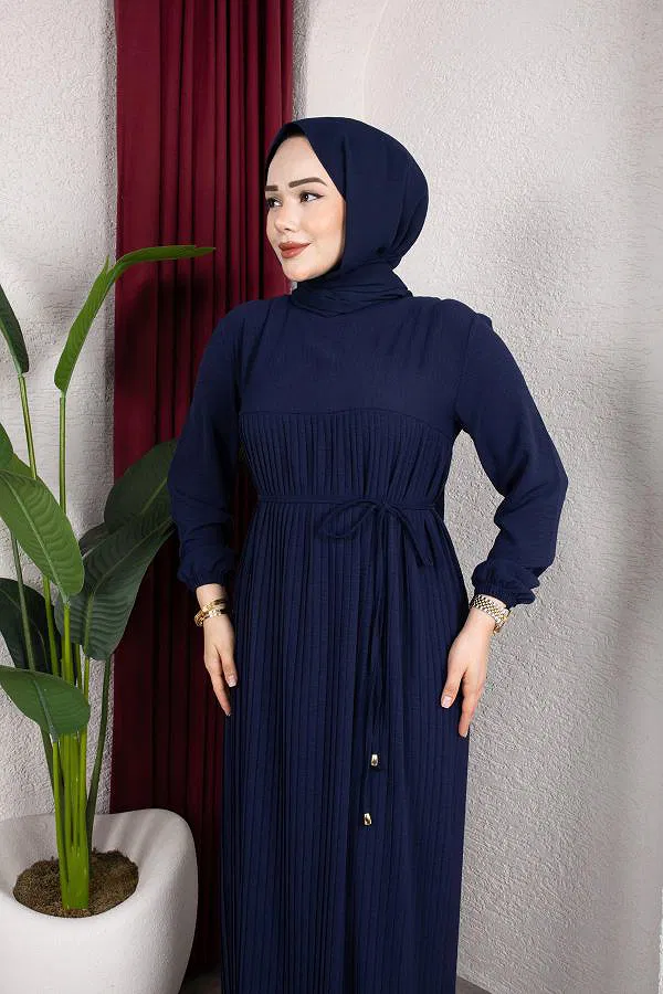 Pileli Tesettür Elbise-5120 Lacivert