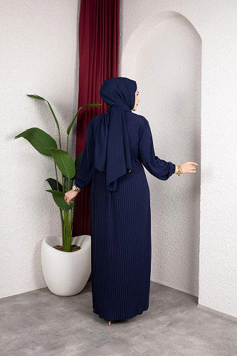 Pileli Tesettür Elbise-5120 Lacivert - Thumbnail