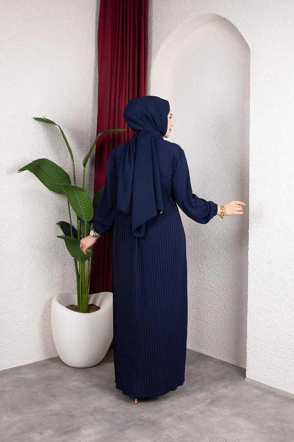 Pileli Tesettür Elbise-5120 Lacivert