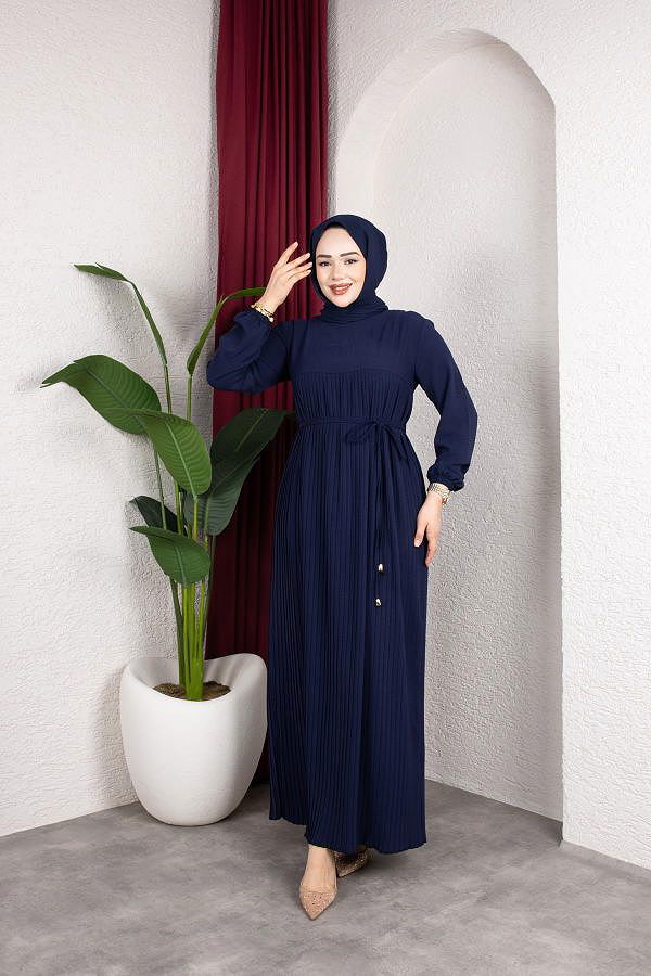 Pileli Tesettür Elbise-5120 Lacivert