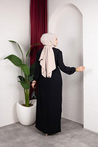 Pileli Tesettür Elbise-5120 Siyah - Thumbnail