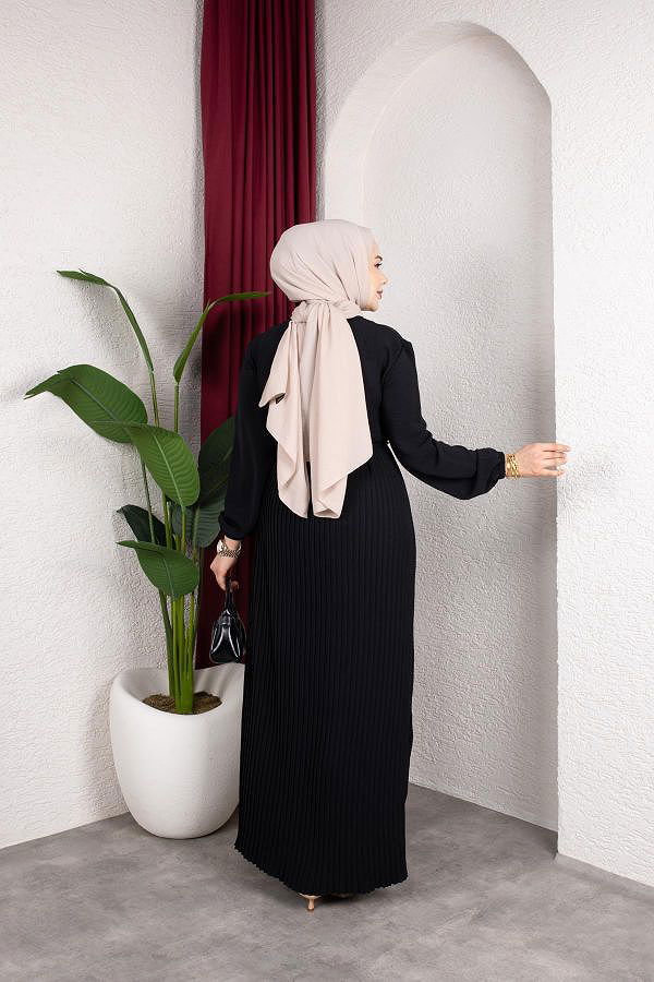 Pileli Tesettür Elbise-5120 Siyah