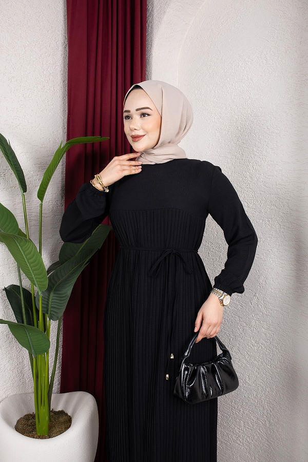 Pileli Tesettür Elbise-5120 Siyah