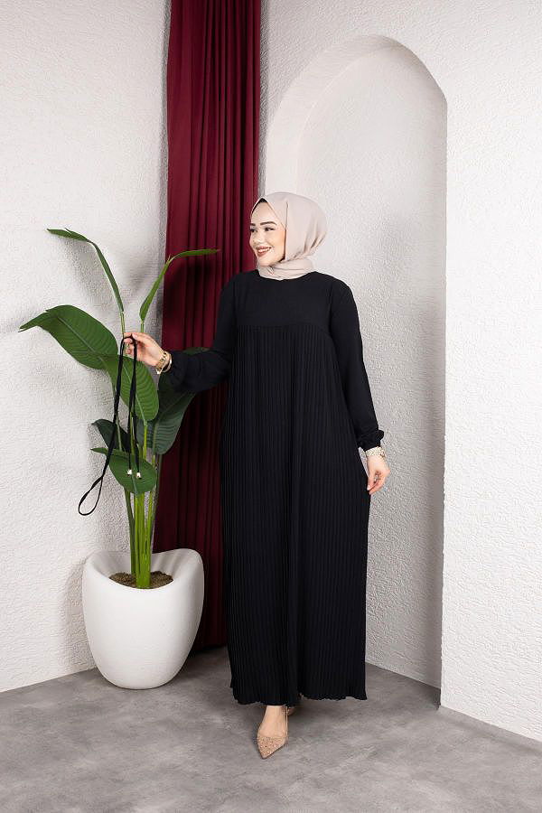 Pileli Tesettür Elbise-5120 Siyah