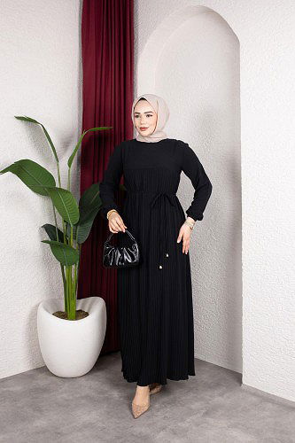 Pileli Tesettür Elbise-5120 Siyah - Thumbnail